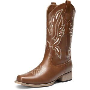 Dream Pairs Women's Brown Square Toe Cowgirl Boots Pull On Low Chunky Heel